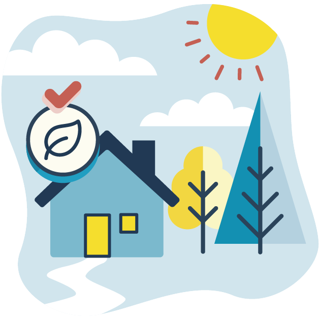 Illustrated icon of a house and landscape.